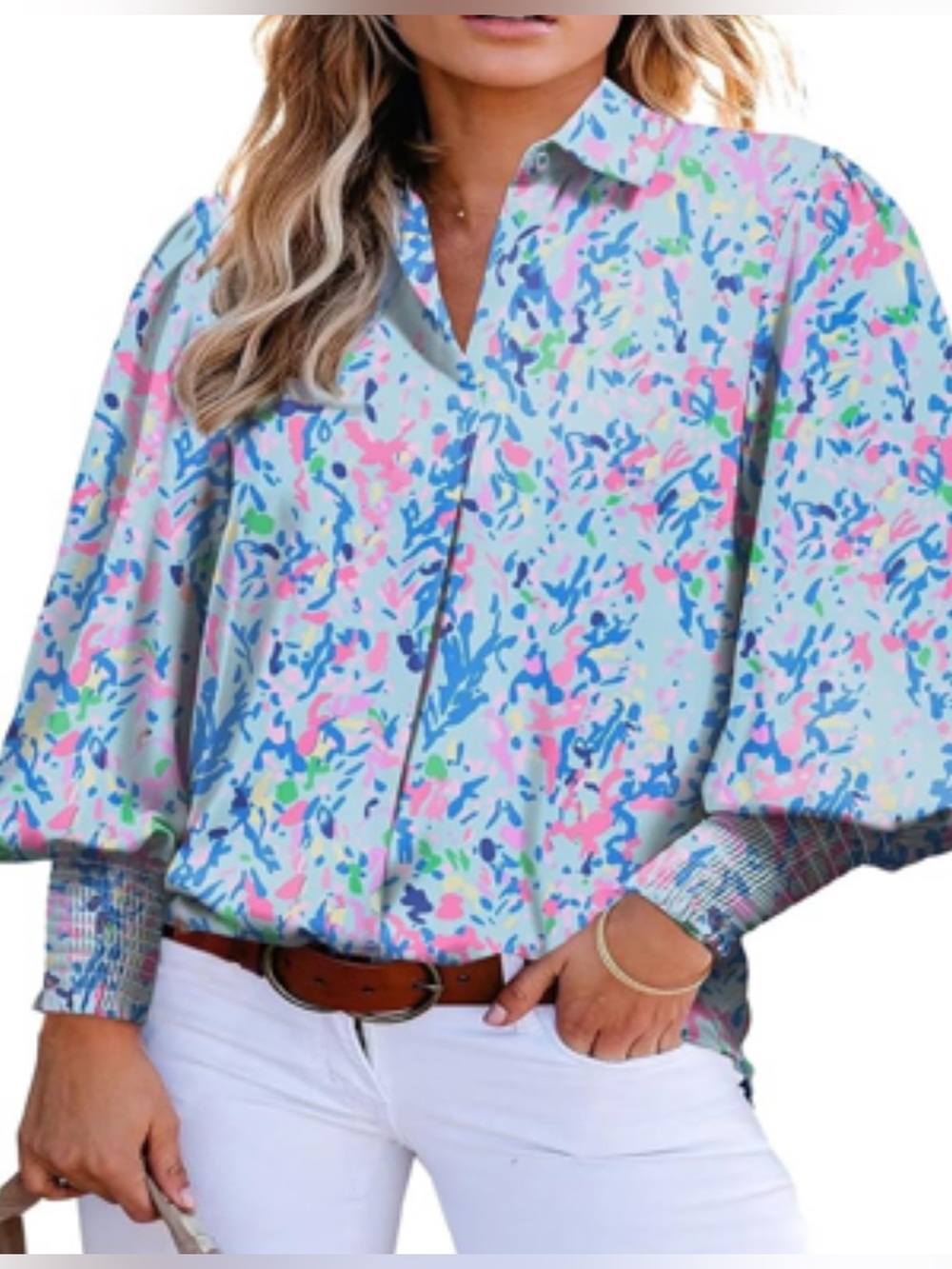 Astylish Pastel Floral Print V-Neck Blouse in Blue, Pink & Mint